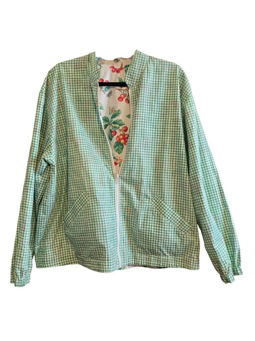 Reversible Green Gingham & Cherry Print Full Zip Jacket boho cottagecore vintage